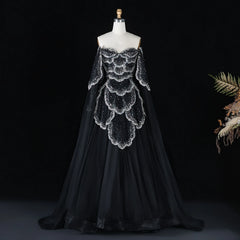 Off-Shoulder Tulle Sequin Flower Petal Embroidered Gown