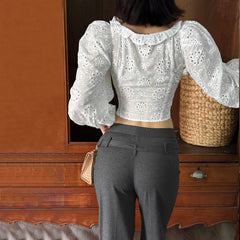 White Lace Up Tie Front Lantern Sleeve Top