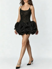 Sheer Strap 3d Flower Frill Mini Dress