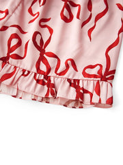 Bow Print Satin Button Up Top And Ruffled Hem Shorts Pajama Set