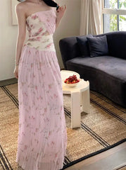 Pink Floral Pleated Slip Long Dress