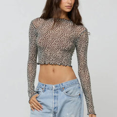 Sheer Printed Long Sleeve Crop Top
