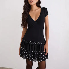 Black Polka Dot V-Neck Short Sleeve Mini Ruffle Dress
