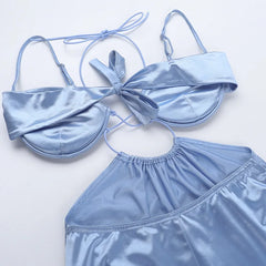 Blue Satin Low Cut Out Maxi Dress - Halter Sheath Fit