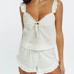 Floral Print Crop Top And Ruffle Hem Shorts Pajama Set