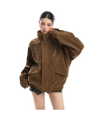 Faux Suede Stand Collar Zipper Jacket
