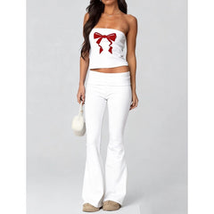Bowknot Print Tube Top And Foldable Waist Flare Pants Set