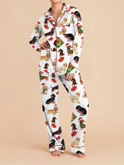Christmas Bow/Dog/Snowman Print Long Sleeve Shirt with Pants Sleepwear Set