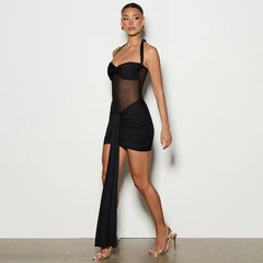 Mesh Patchwork Halter Bandage Wrap Bodycon Mini Dress