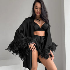 Satin Cami Top And Shorts With Fur Trim Rode Nightgown Three-piece Set