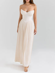 White Strapless Pleated Maxi Dress