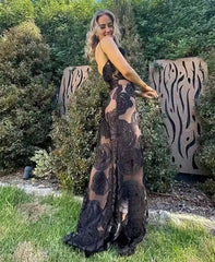 Black One-Shoulder Floral Desgin Long Dress