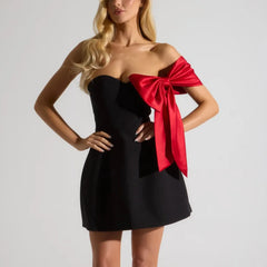 Black Strapless Red Satin Bow Mini Dress