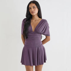 Deep V-neck Short Sleeve Solid Ruched Mini Dress