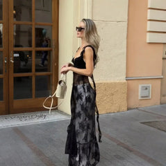 Black Lace Sheer Ruffle Strap Maxi Dress