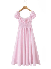 Striped Short Sleeve Ruched Bow Midi Dress