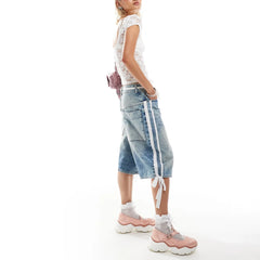 Trendy Loose Fit Denim Capri Shorts - White Side Stripes