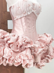 Pink Satin Corset 3d Flower Ruffles Mini Dress