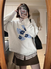 Grey Long Sleeve Blue Flower Print Sweatshirt
