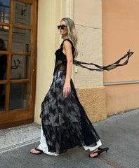 Black Lace Sheer Ruffle Strap Maxi Dress