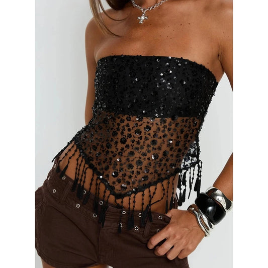 Black Sequined Tassel Hem Mesh Tube Top