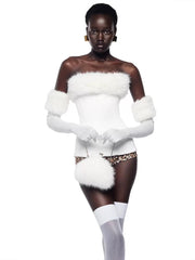 Furry Trim Strapless Top With Gloves