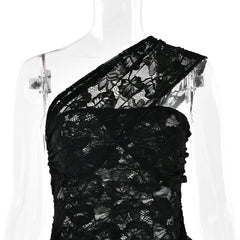 Lace One Shoulder Leopard Print Ruffle Asymmetrical Hem Midi Dress