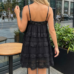 Sequin Multi-Layered Spaghetti Strap Ruffled Mini Dress