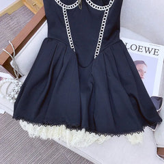 Black Fishbone Lace Trim Mini Dress