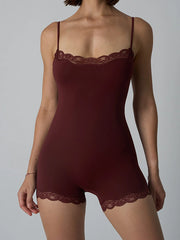 Lace Trim Elasticity Adjustable Strap Lounge Onesie