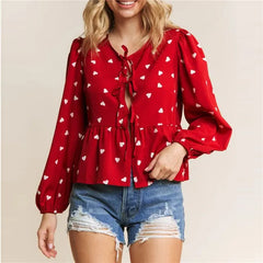 Heart Print Bow Tie Babydoll Shirt