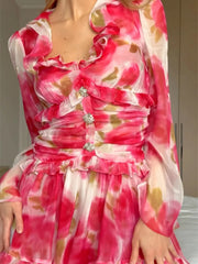 Pink Printed Long Sleeve Ruffled Mini Dress