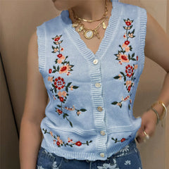 Knit V-Neck Floral Embroidery Vest