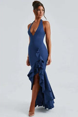 Deep V-neck Ruffles High Split Maxi Dress