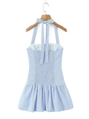 Stripe Halter Smocked Puff Hem Mini Dress