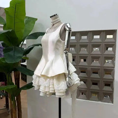 White Satin Square Collar Detachable Lace Bow Frill Hem Mini Dress