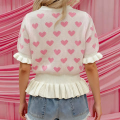 Heart Pattern Half Sleeve Ruffled Hem Cardigan Top
