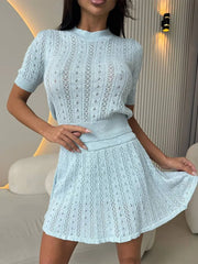 O-neck Knitted  Short Sleeve Top And Mini Skirt Set