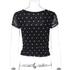 Black Polka Dot Mesh Short Sleeve Top