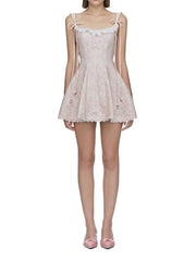 Pink Floral Tie Up Eyelet Trim Mini Dress