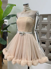 Beige Strapless Tulle Pom Pom Mini Dress