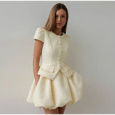 Tweed Puffy Sleeve Shirt And Bubble Skirt Set