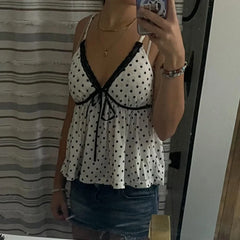 Lace Trim Polka Dot Babydoll Top