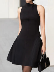 Metal Buckle High Neck Folds Mini Dress