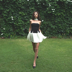 Black Cut Out Hem Tube Top And White Frill Mini Skirt With Scarf