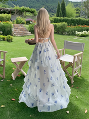 White Floral Print Flower Brooch Flowy Halter Maxi Dress