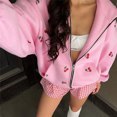 Cherry Print Zip Up Hoodie