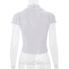White Short Sleeve Sheer Ruffle Tie Up Top