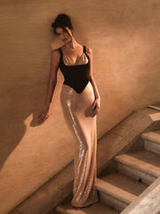 Beige V-Neck Sequin Patchwork Long Dress