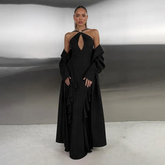 Halter Hollow Out Frill Ruched Maxi Dress